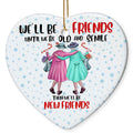 Two Elderly Friends Arm in Arm With Candy Canes and Flowers. Heart-Shaped Ceramic Keepsake for Best Friends.