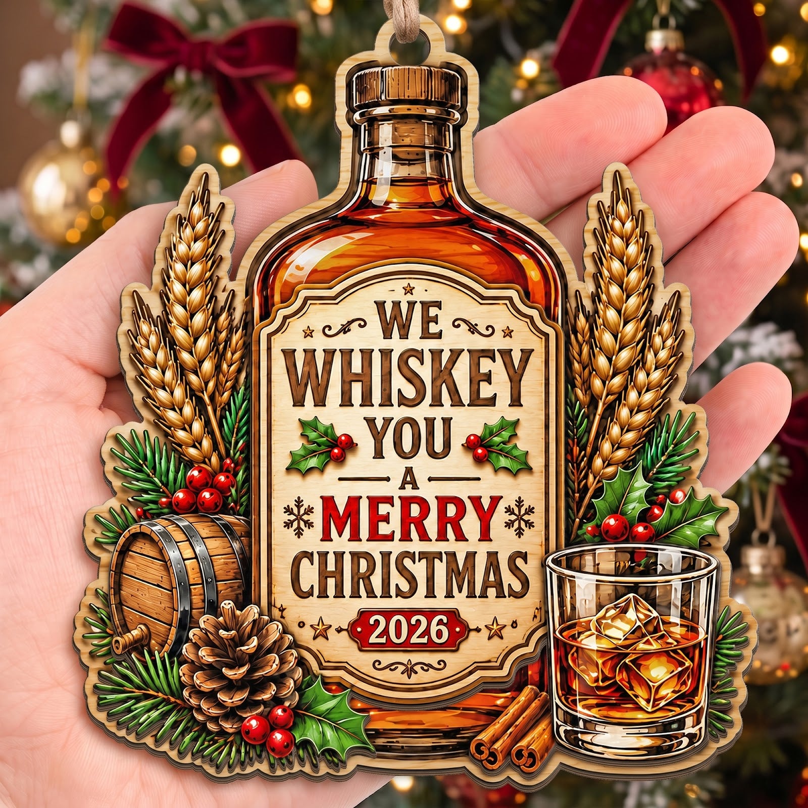 Whiskey Bottle Wood Christmas Ornament