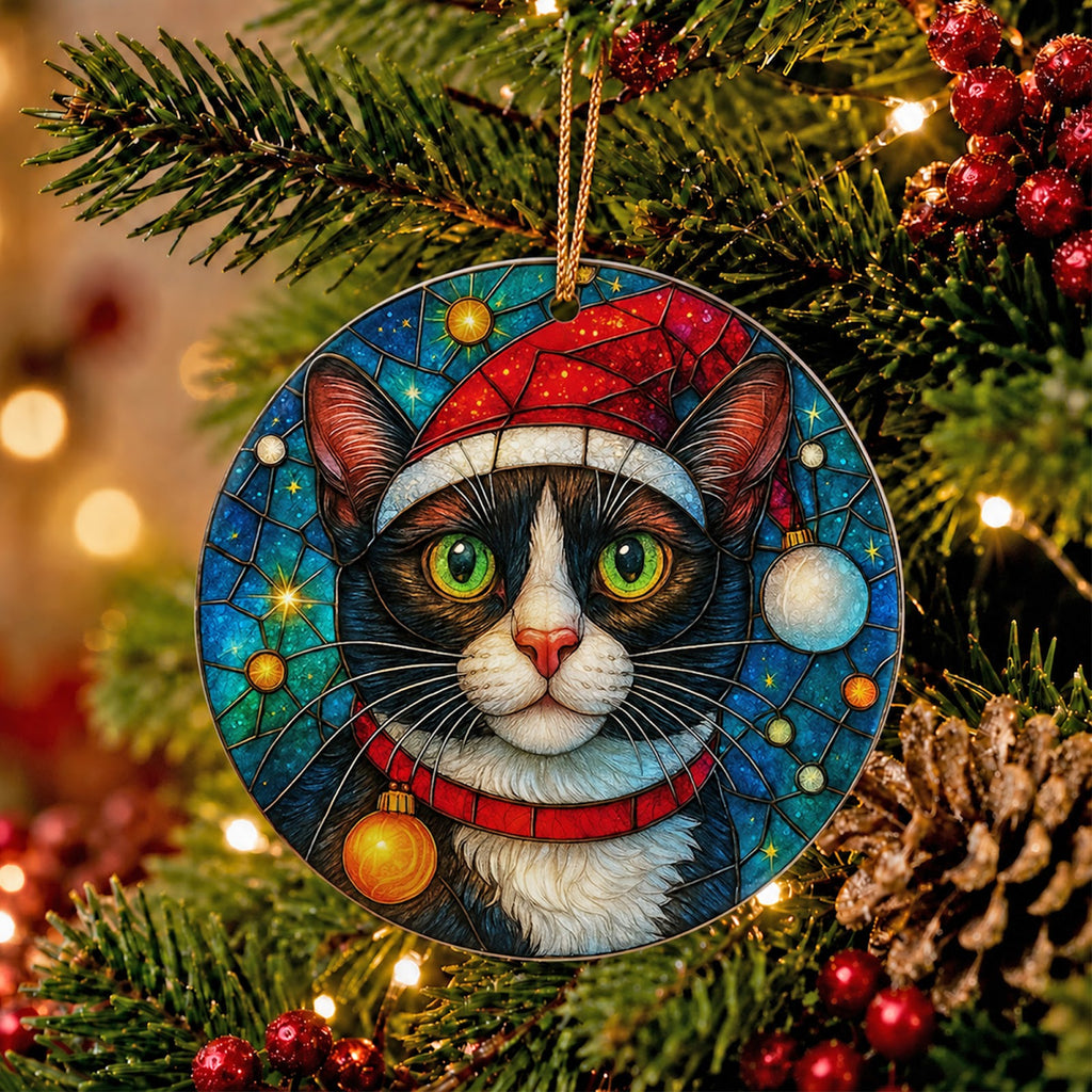 Cat Christmas Ornament, Tuxedo Stained Glass Cat Mom Gift, Ceramic Hanging Tree Decoration