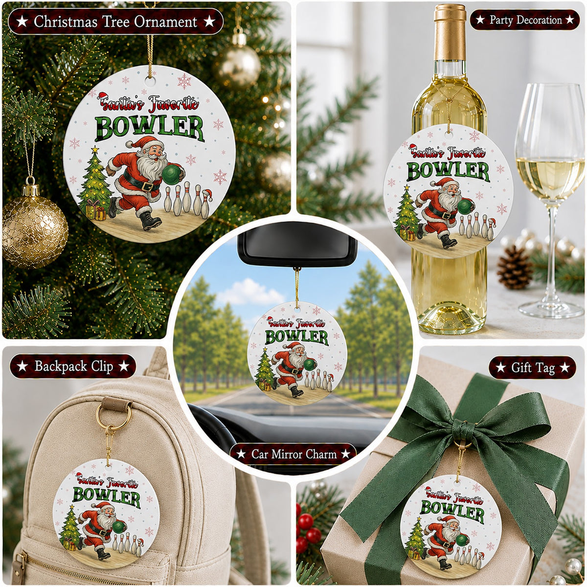 Bowling Christmas Ornament, Santas Favorite Bowler Gift, Ceramic Hanging Tree Decoration