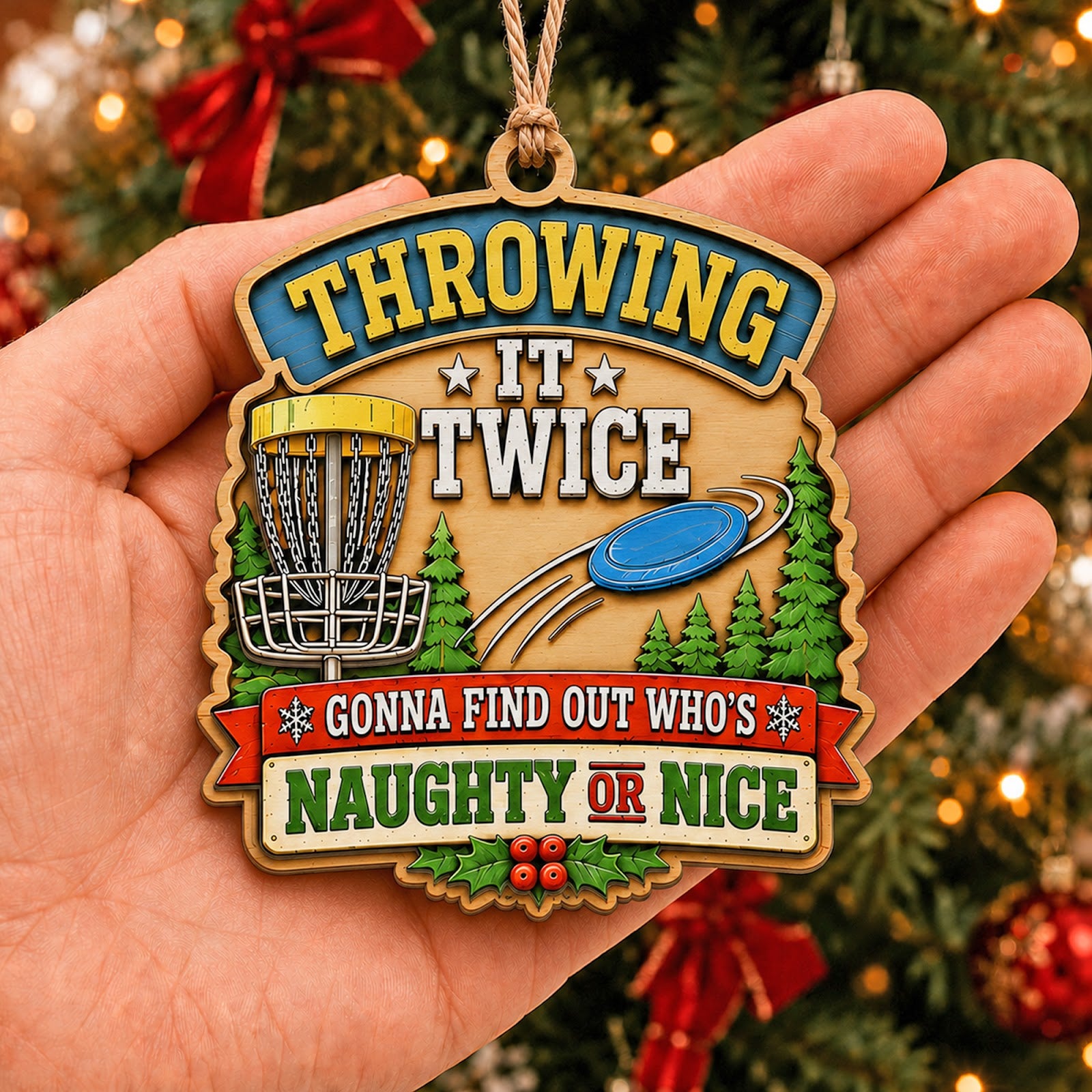 Disc Golf Basket Wood Christmas Ornament