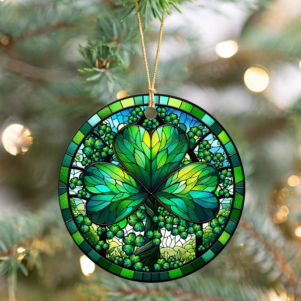 Shamrock Christmas Ornament, Stained Glass Irish Luck Gift, Ceramic Hanging Tree Decoration