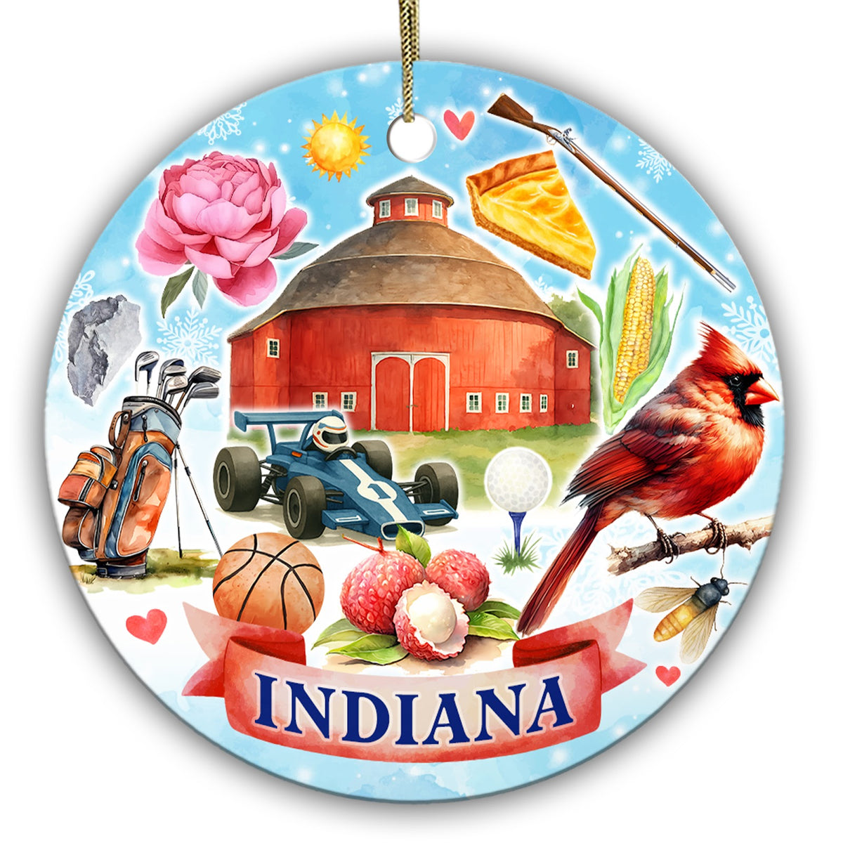 Red Round Barn, Cardinal, Sugar Cream Pie and an Open-Wheel Race Car. Ceramic Keepsake for Hoosier Pride.