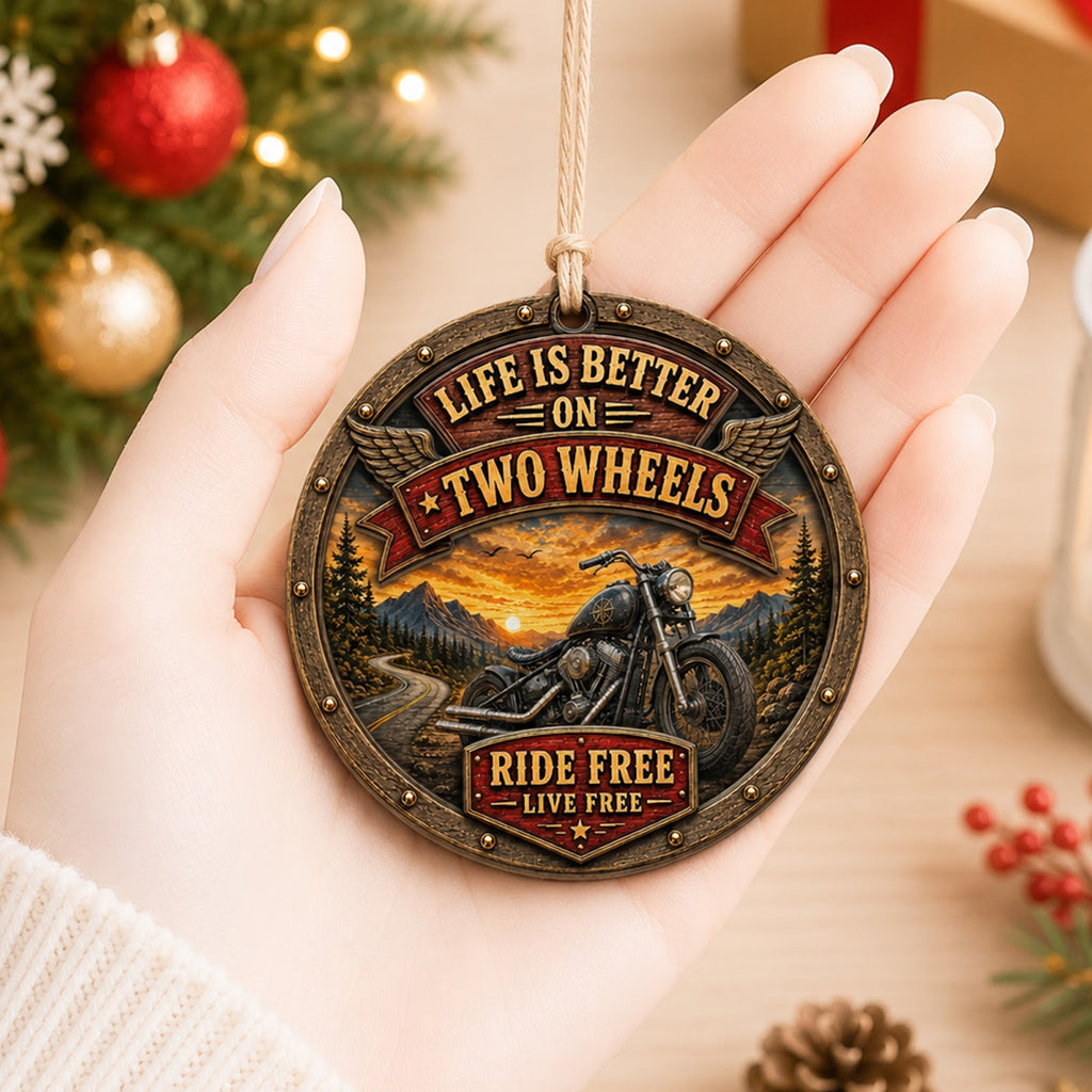 Biker Life Motorcycle Ride Free Christmas Ornament, Ride Free Keepsake, Wood Tree Decoration