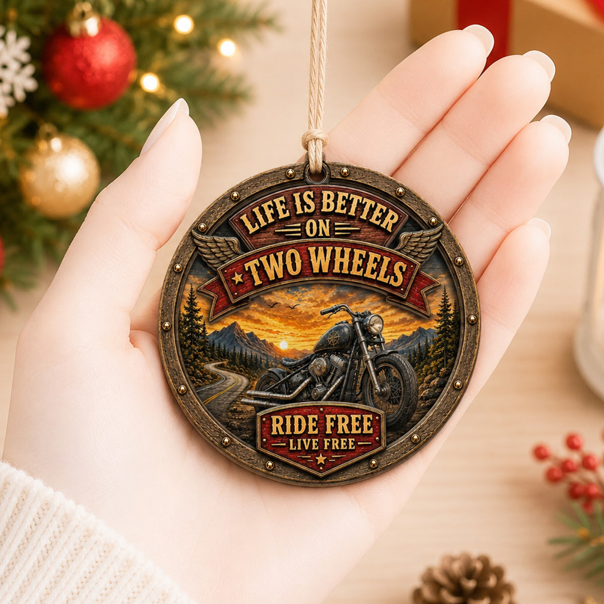 Biker Life Motorcycle Ride Free Christmas Ornament, Ride Free Keepsake, Wood Tree Decoration