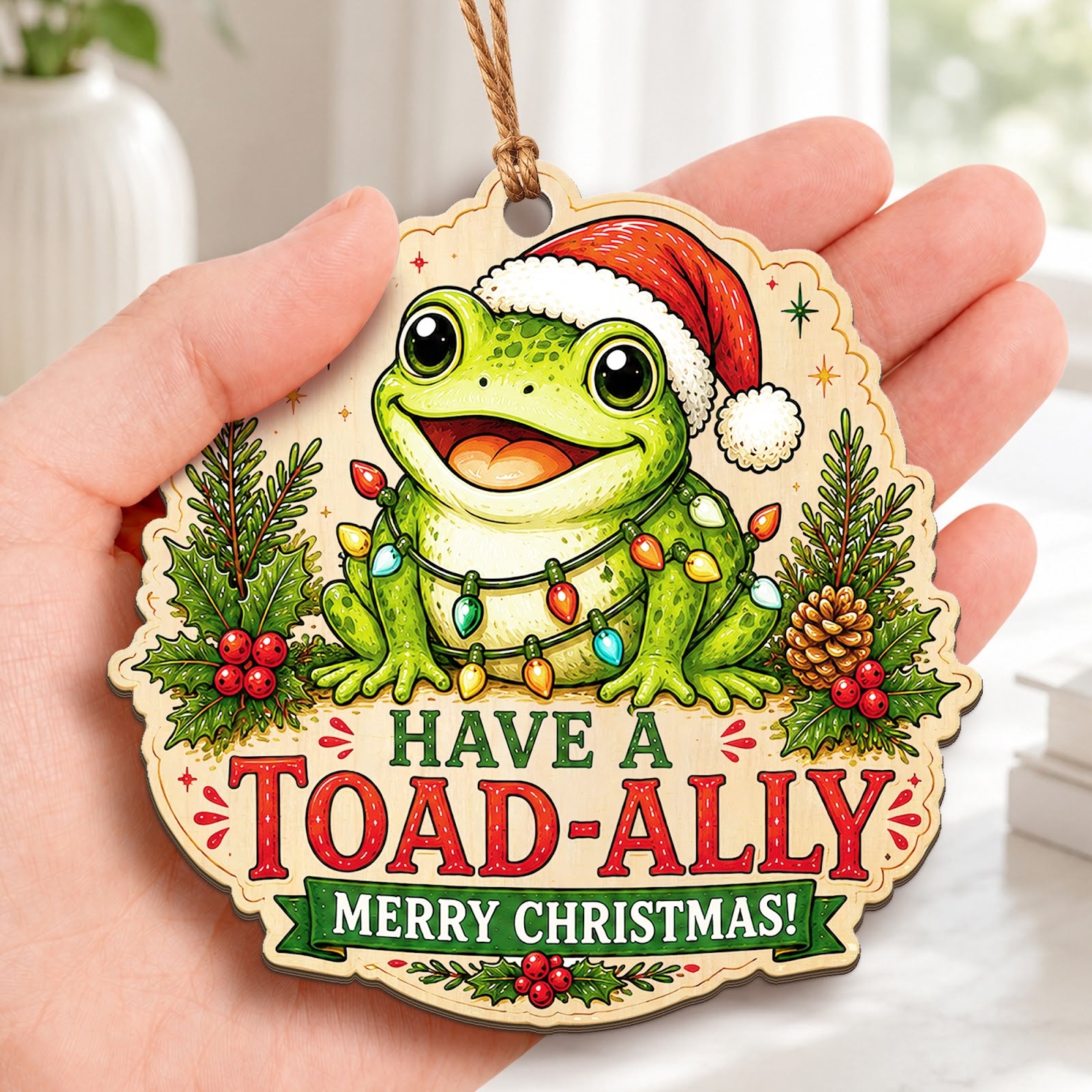 Frog Christmas Ornament, Stocking Stuffer For Frog Fan, Wood Hanging Tree Decoration