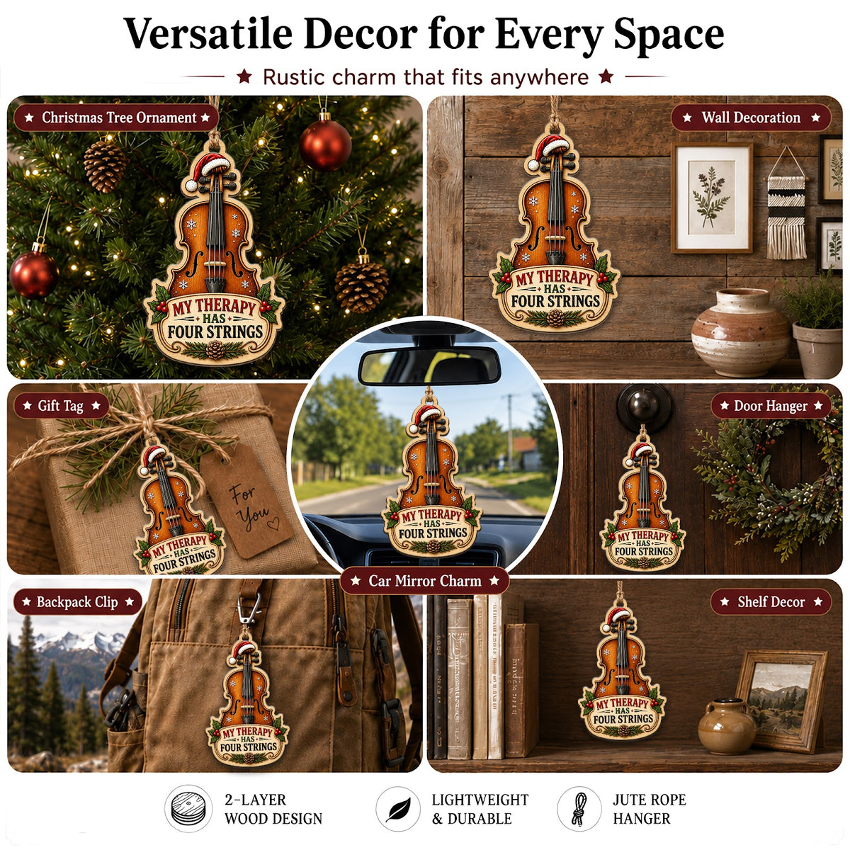 Violin Christmas Ornament, Stocking Stuffer For Violin Player, Wood Hanging Tree Decoration