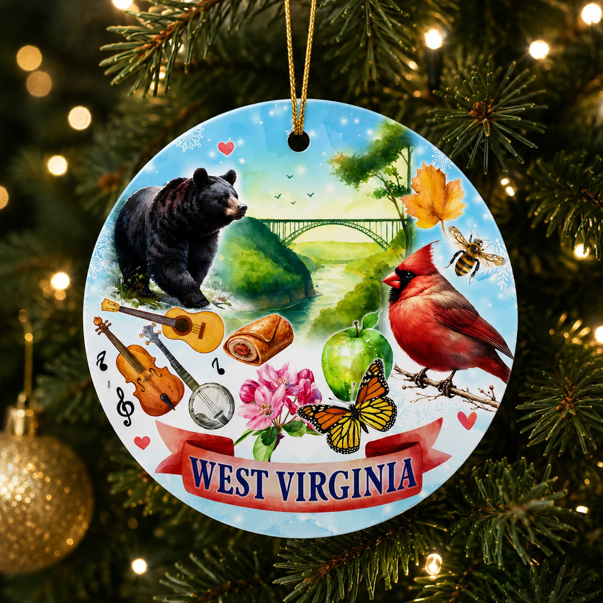 West Virginia Christmas Ornament, State Souvenir Keepsake Gift, Ceramic Hanging Tree Decoration
