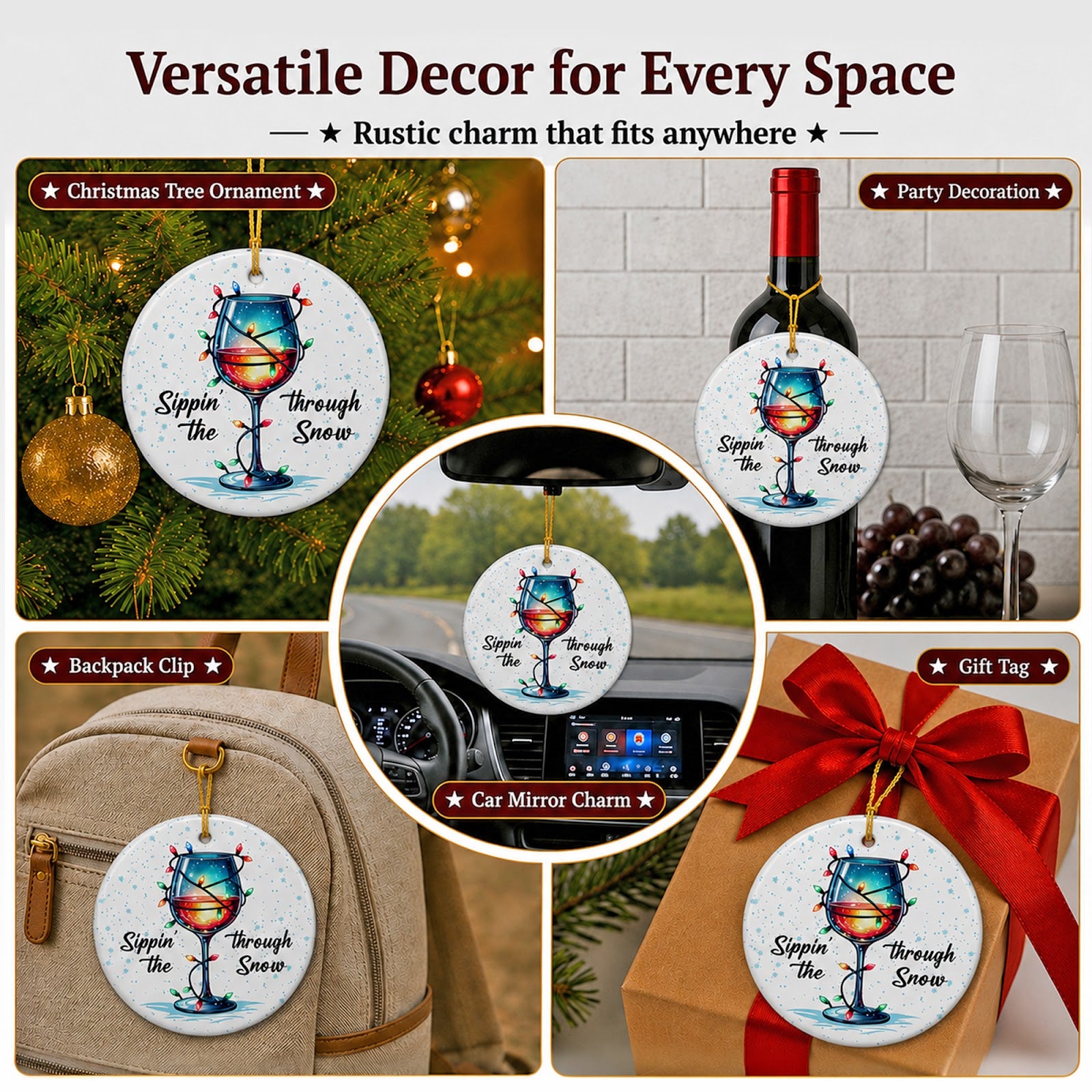 Wine Christmas Ornament, Funny Glass String Lights Gift, Ceramic Hanging Tree Decoration
