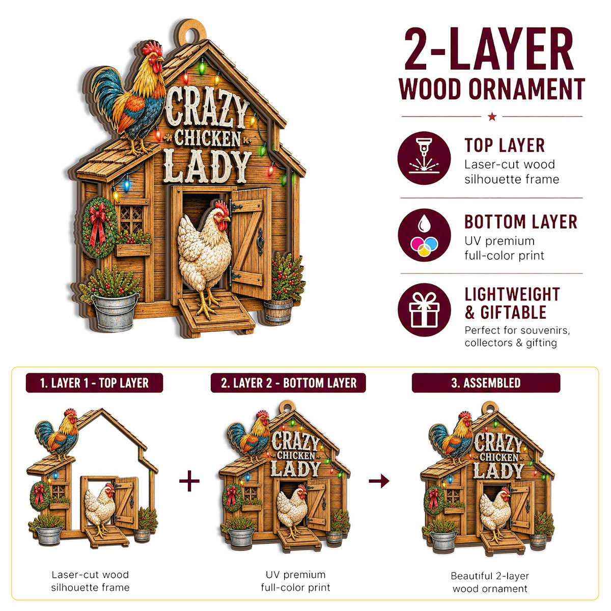 Crazy Chicken Lady Christmas Ornament, Funny Stocking Stuffer For Chicken Lady, Wood Ornament