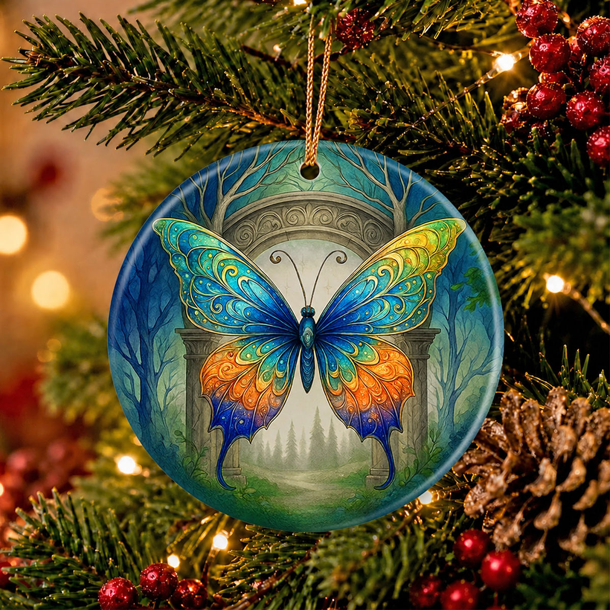 Butterfly Christmas Ornament, Fantasy Enchanted Forest Gift, Ceramic Hanging Tree Decoration