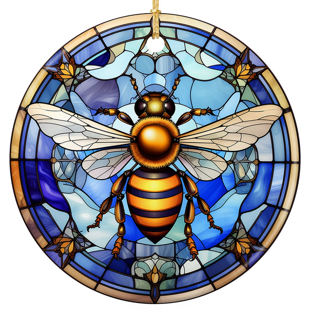 Gold and Amber Honeybee With Open Wings on Faceted Blue Glass. Ceramic Keepsake for Beekeepers and Gardeners.