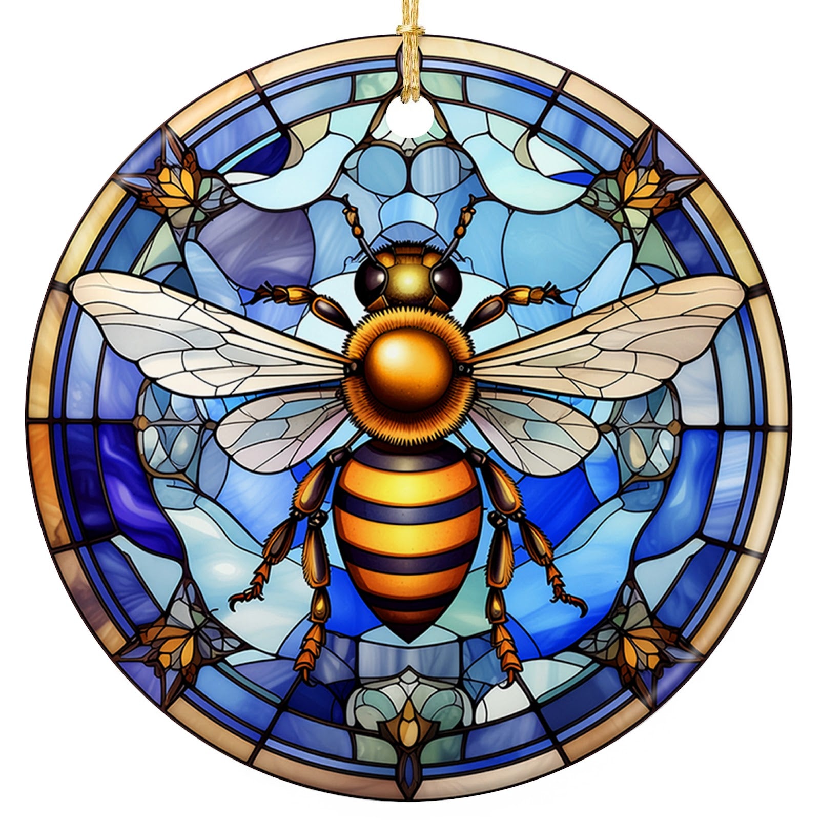 Gold and Amber Honeybee With Open Wings on Faceted Blue Glass. Ceramic Keepsake for Beekeepers and Gardeners.