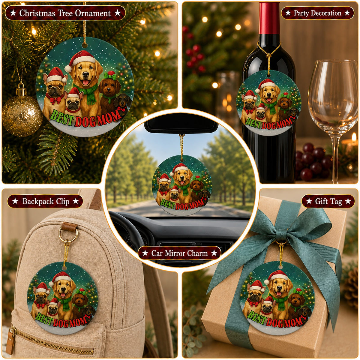 Dog Mom Christmas Ornament, Best Dog Mom Five Dogs Gift, Ceramic Hanging Tree Decoration