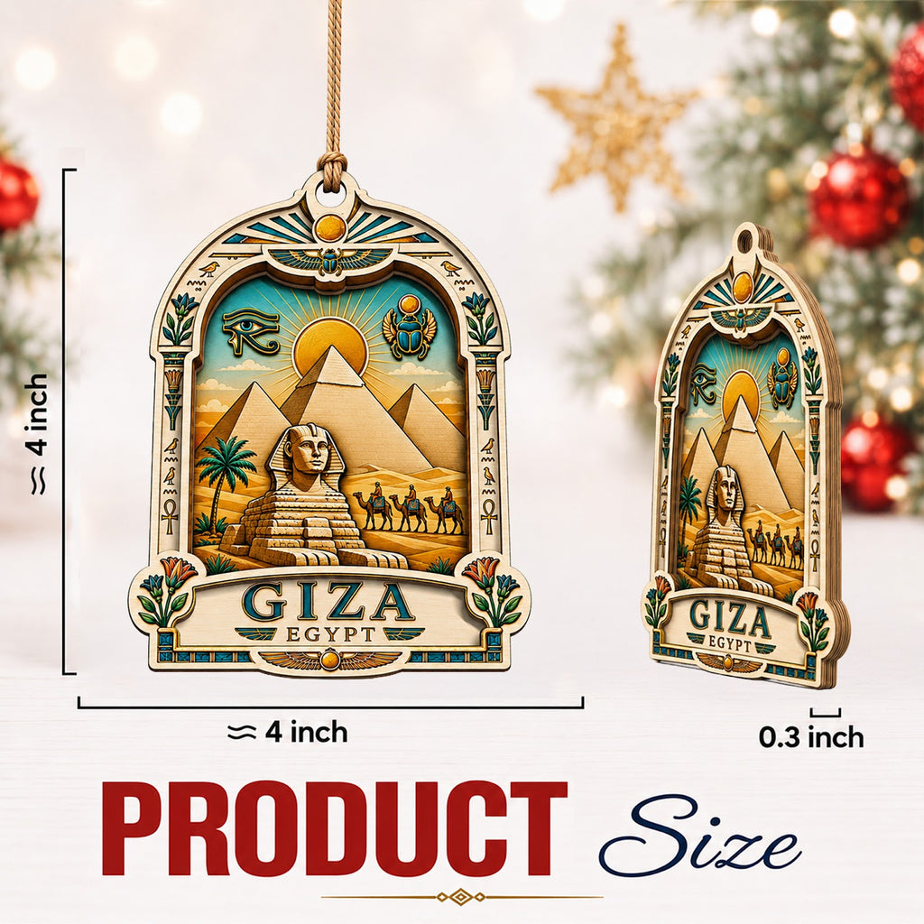Egypt Christmas Ornament, Giza Pyramid and Sphinx Souvenir Gift, Wood Hanging Tree Decoration