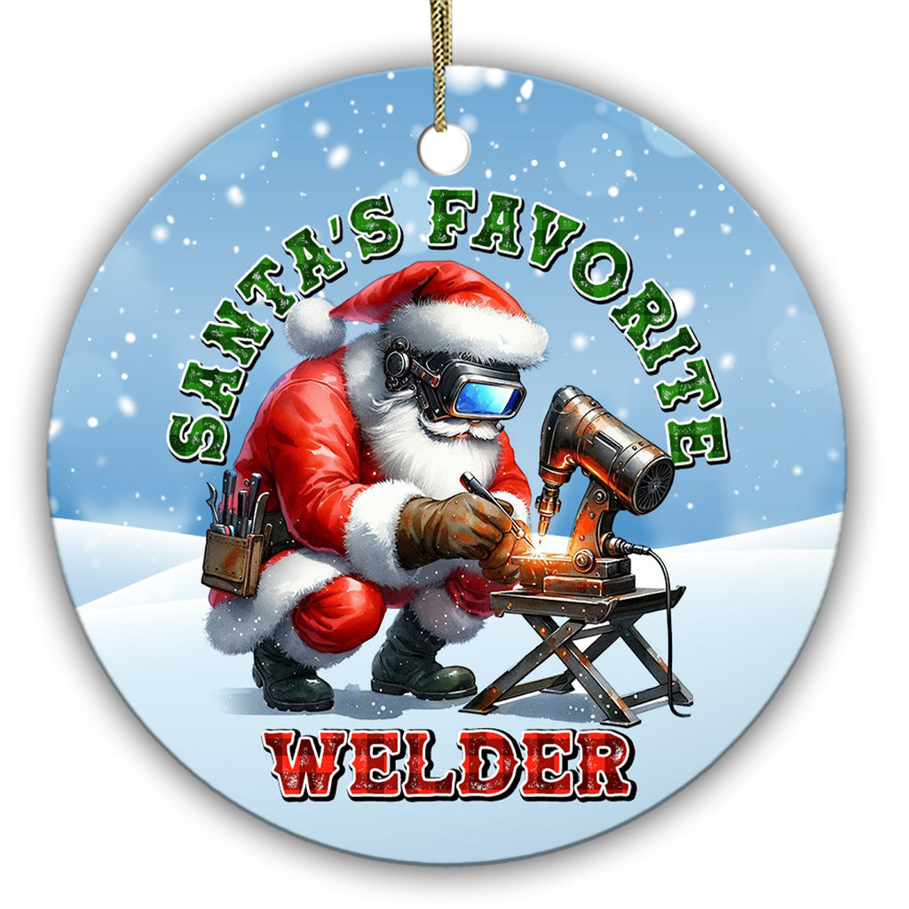 Santa in a Welding Helmet Throwing Sparks at the Bench. Ceramic Keepsake for Welders and Fabricators.