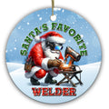 Santa in a Welding Helmet Throwing Sparks at the Bench. Ceramic Keepsake for Welders and Fabricators.