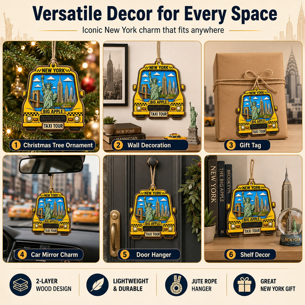 New York Taxi Christmas Ornament, NYC Yellow Cab Souvenir Gift, Wood Hanging Tree Decoration