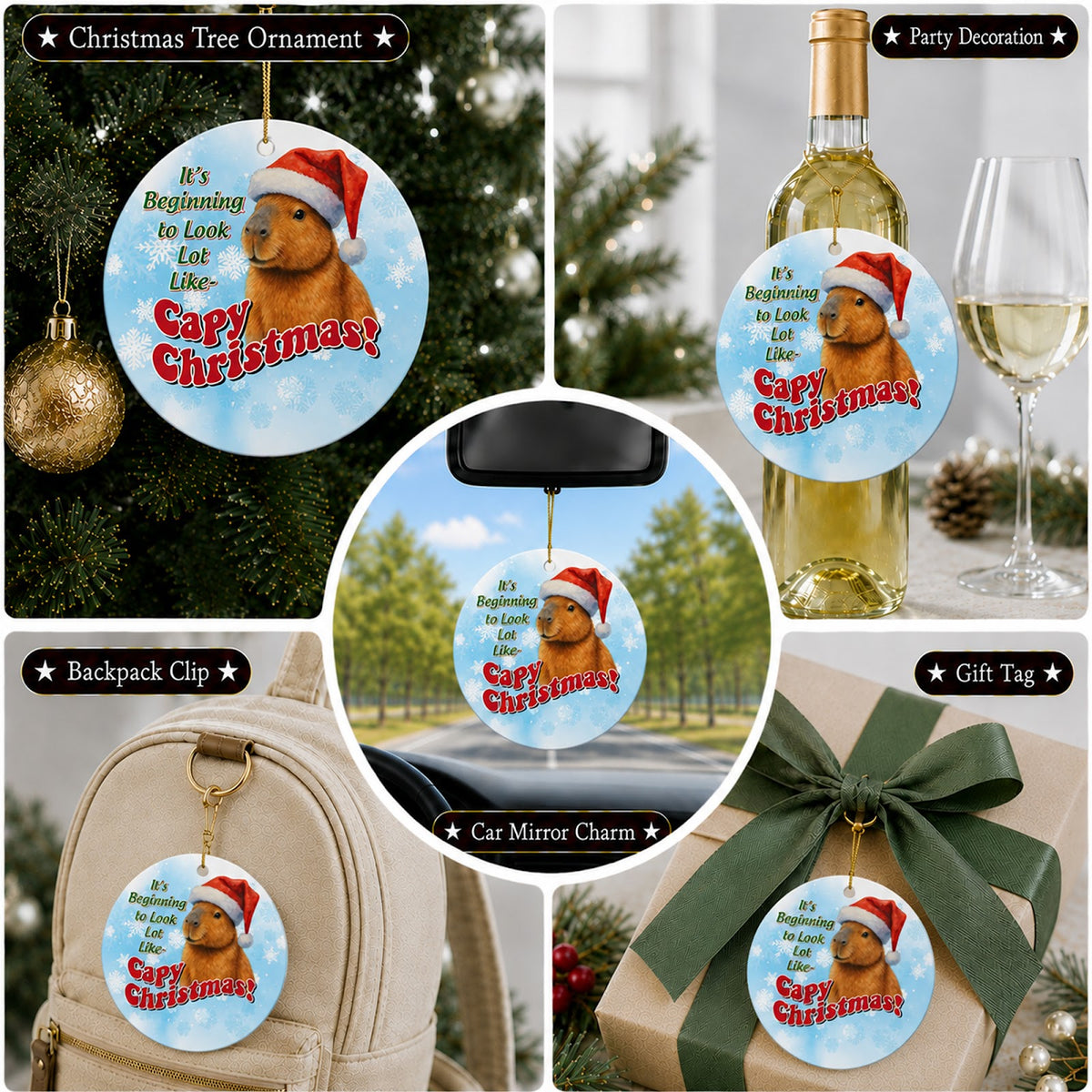 Capybara Christmas Ornament, Funny Santa Hat Pun Gift, Ceramic Hanging Tree Decoration