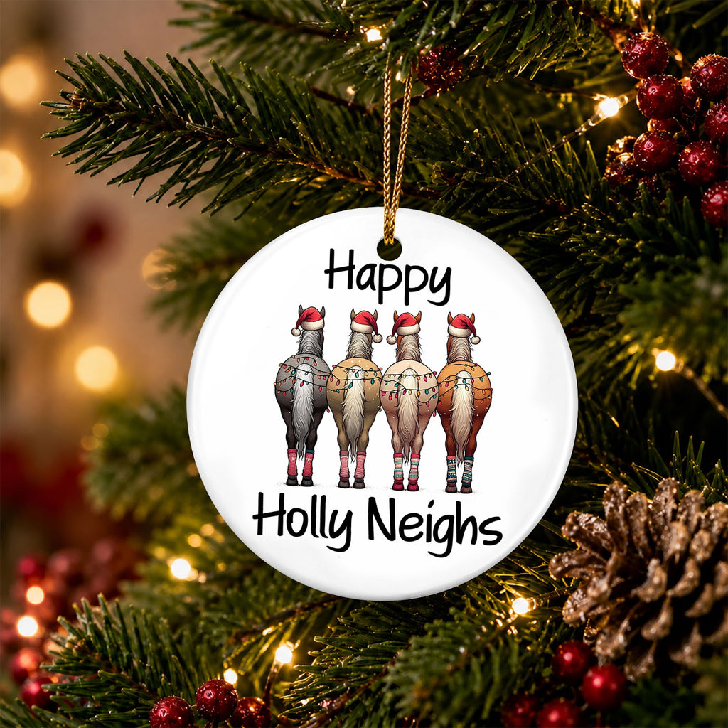 Horse Christmas Ornament, Funny Happy Holly Neighs Gift, Ceramic Hanging Tree Decoration