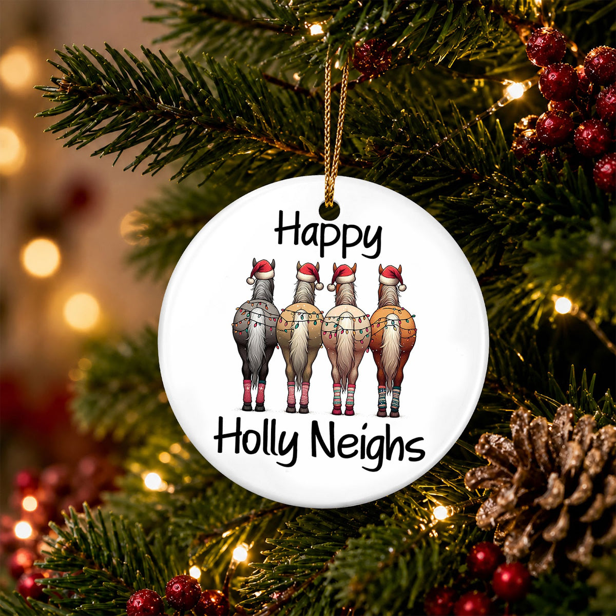 Horse Christmas Ornament, Funny Happy Holly Neighs Gift, Ceramic Hanging Tree Decoration