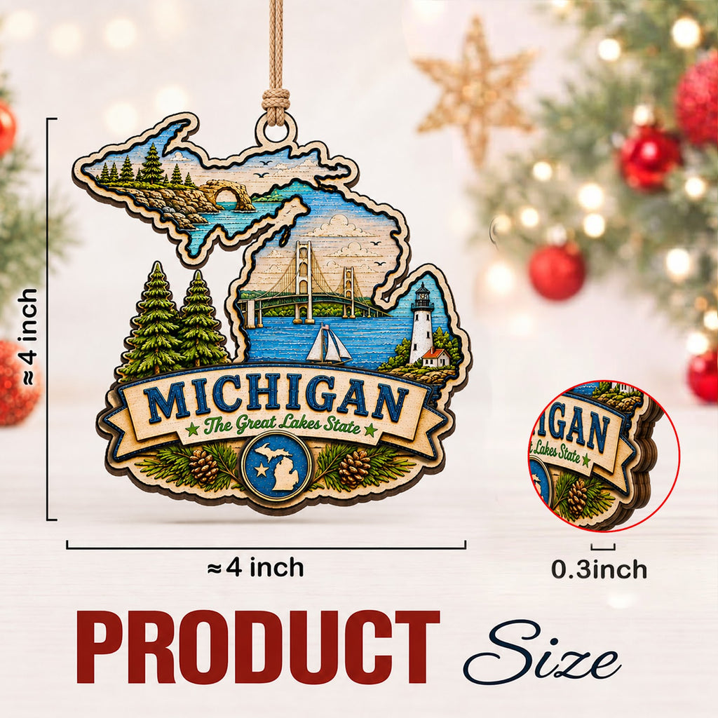 Michigan Christmas Ornament, Great Lakes Mackinac Bridge Souvenir Gift, Wood Tree Decoration