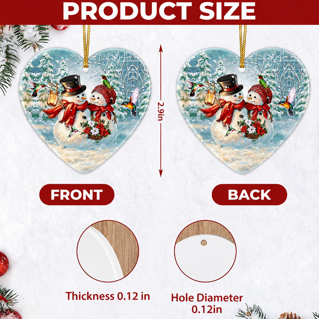 Snowman Couple Christmas Ornament, Hummingbird Heart Shaped Gift, Ceramic Tree Decoration