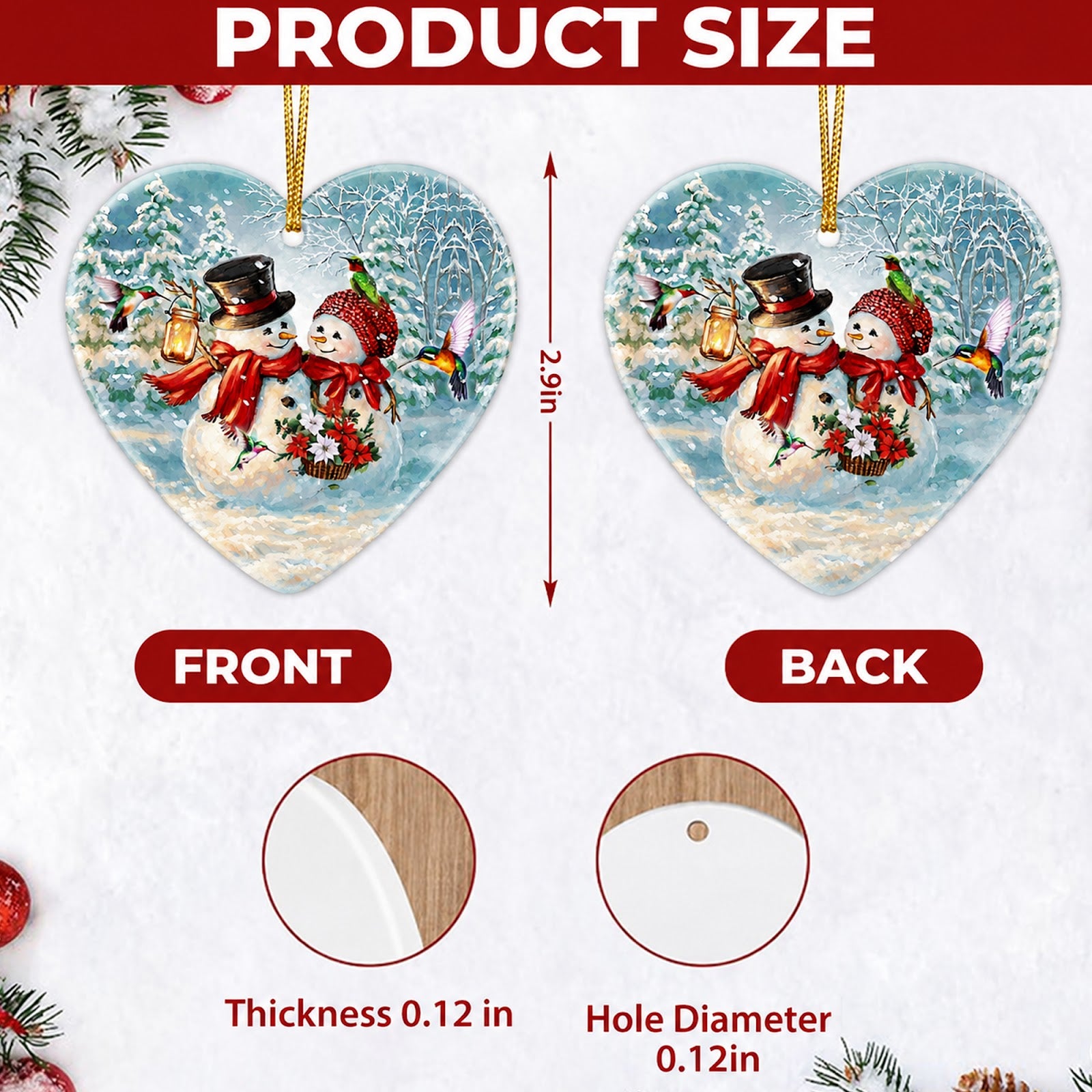 Snowman Couple Christmas Ornament, Hummingbird Heart Shaped Gift, Ceramic Tree Decoration