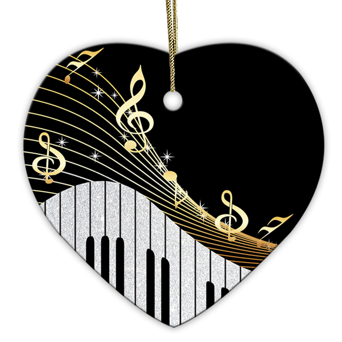 Gold Treble Clefs on a Sweeping Staff Above a Silver Piano Keyboard. Heart-Shaped Ceramic Music Keepsake.