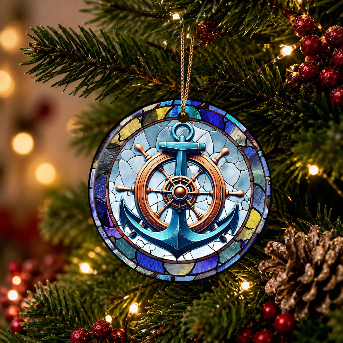 Nautical Christmas Ornament, Anchor Ship Wheel Sailor Gift, Ceramic Hanging Tree Decoration