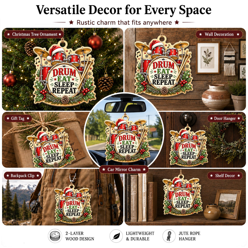 Drum Christmas Ornament, Stocking Stuffer For Percussionist, Wood Hanging Tree Decoration