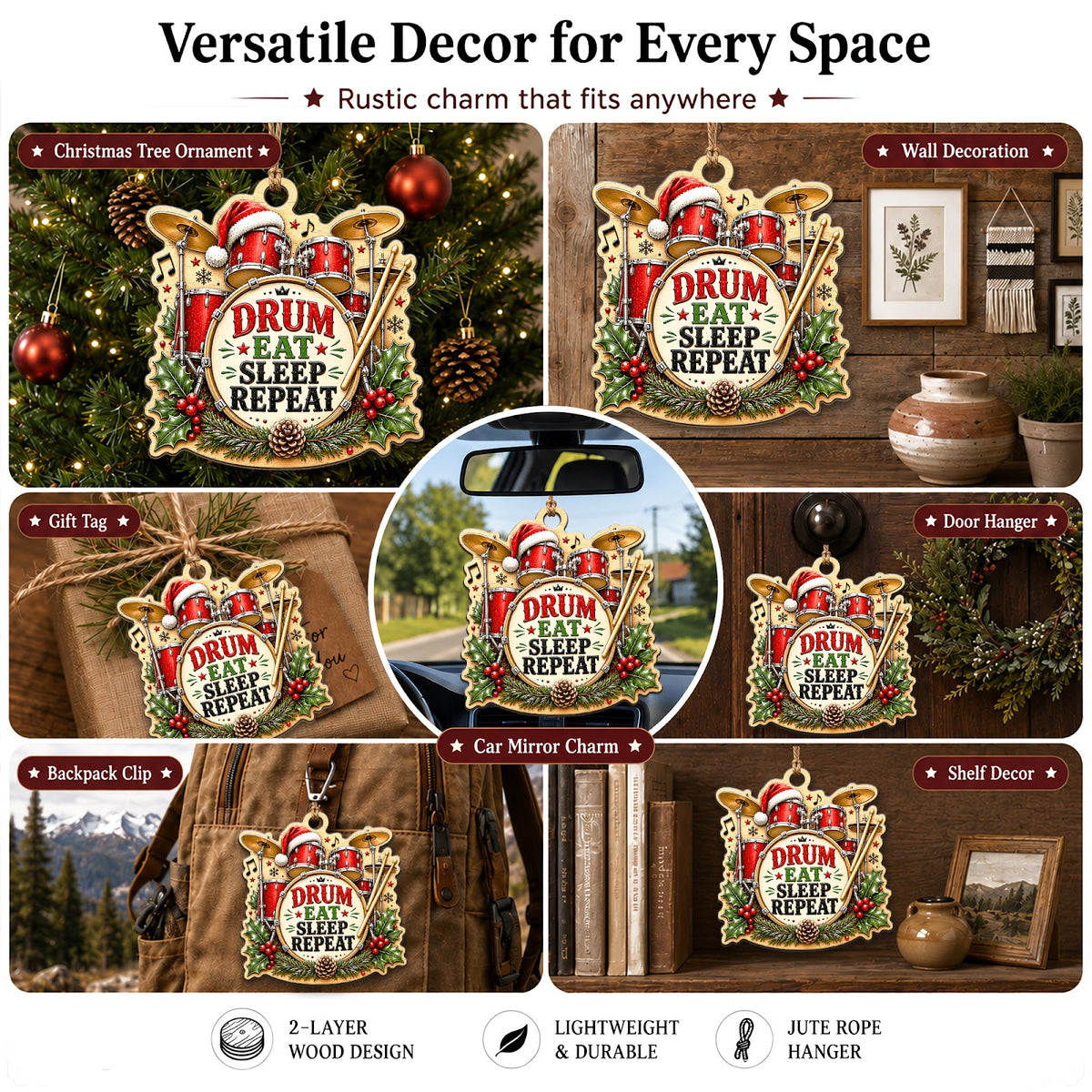 Drum Christmas Ornament, Stocking Stuffer For Percussionist, Wood Hanging Tree Decoration