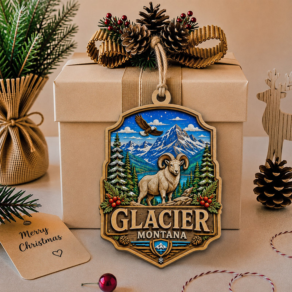 Glacier National Park Christmas Ornament, Montana Alpine Hiker Souvenir Gift, Wood Ornament