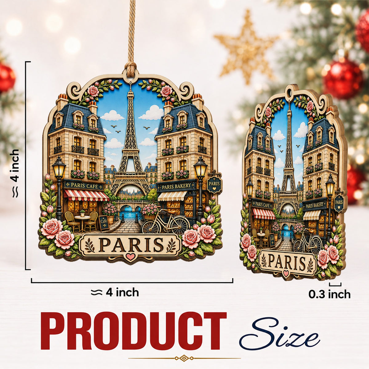 Paris Christmas Ornament, France Eiffel Tower Skyline Souvenir Gift, Wood Tree Decoration