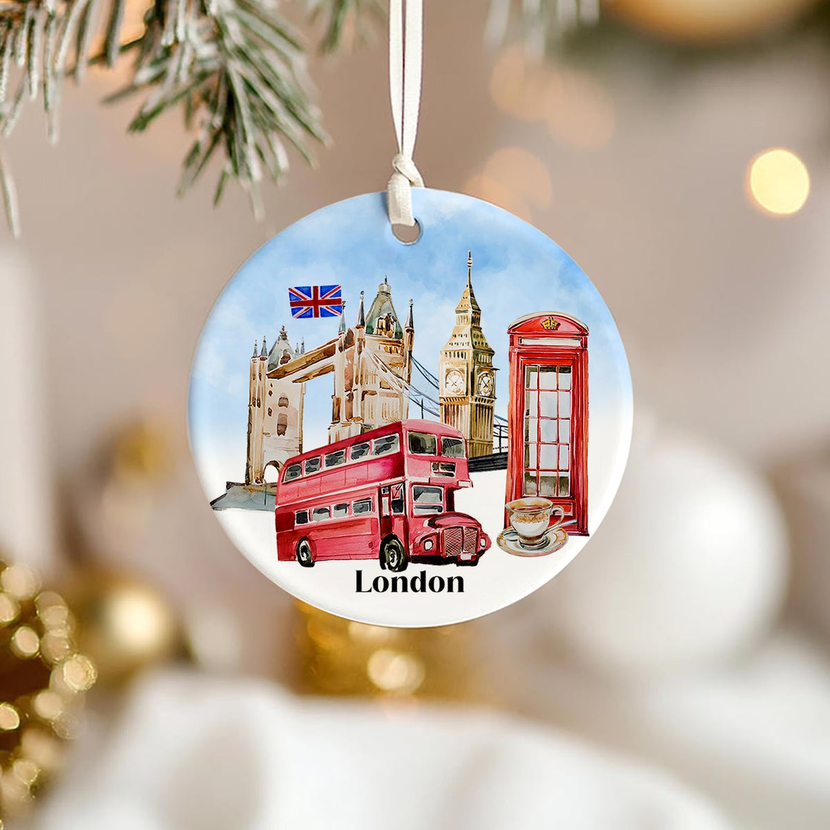 London Christmas Ornament, England Travel Souvenir Gift, Ceramic Hanging Tree Decoration