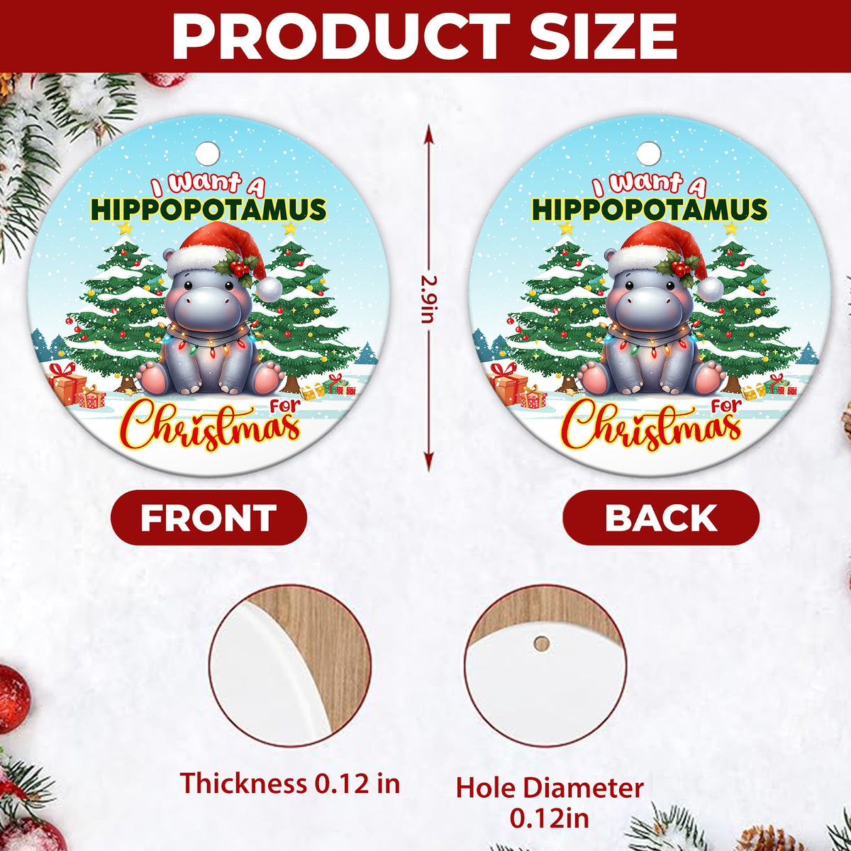 Hippo Christmas Ornament, Baby Hippo Santa Hat Gift, Ceramic Hanging Tree Decoration