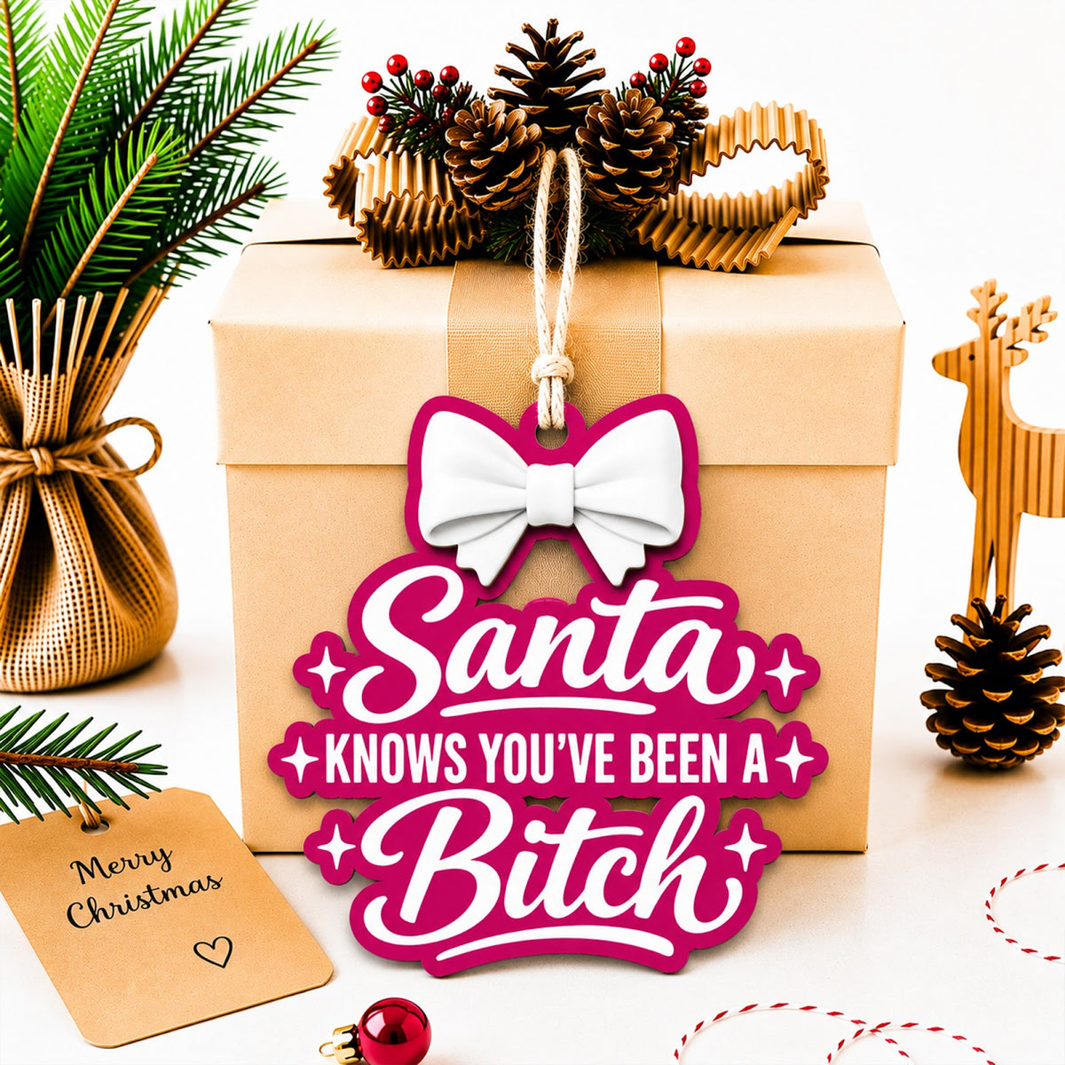 Santa Knows Naughty Nice Funny Christmas Ornament, Naughty-Nice Motto Keepsake, Wood Ornament