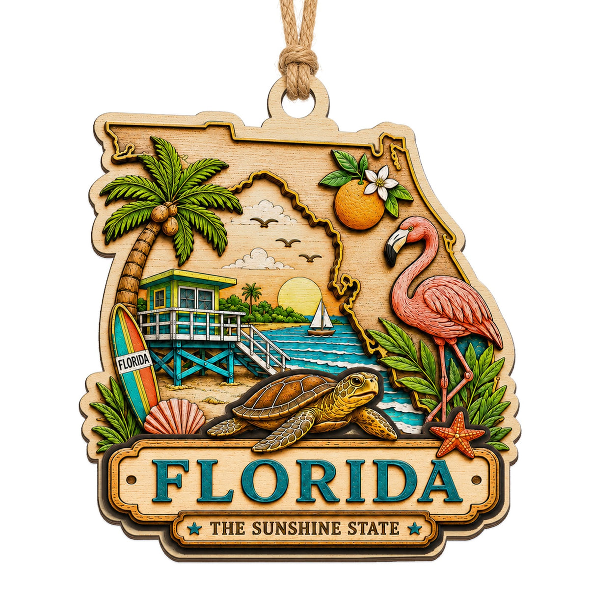 Pelican in Flight Over the Coast With Palms, Sea Turtle and Sunset. Wood Keepsake for Beach Lovers.