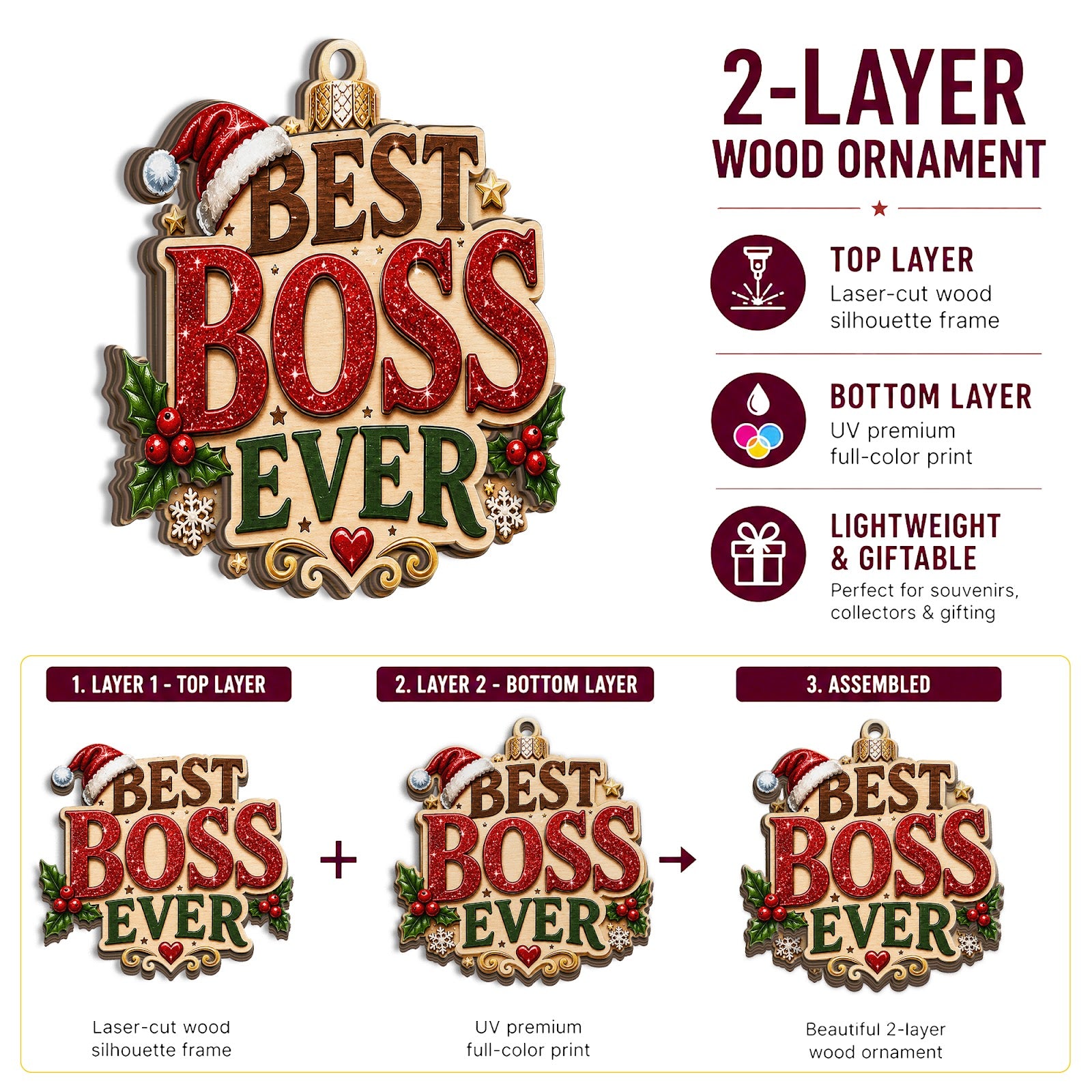 Best Boss Ever Wood Christmas Ornament