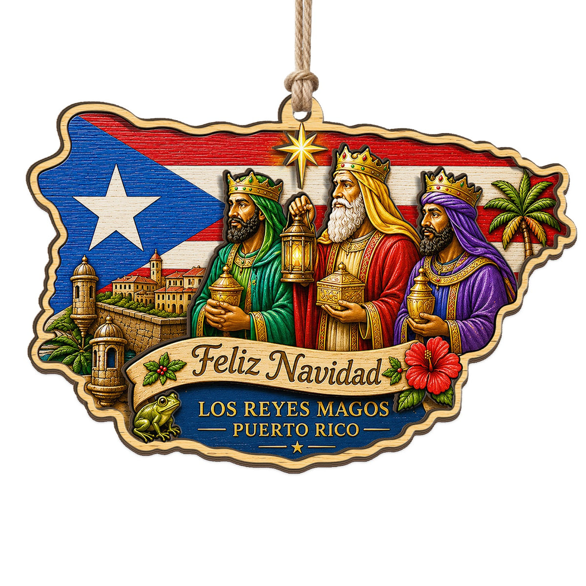 A Colorful Old San Juan Street Scene With Palms and Tropical Sea. Wood Keepsake for Island Culture Fans.