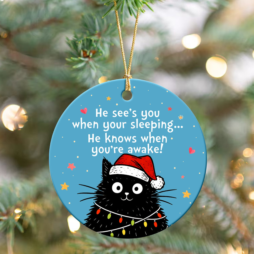 Black Cat Christmas Ornament, Funny Santa Hat Cat Gift, Ceramic Hanging Tree Decoration