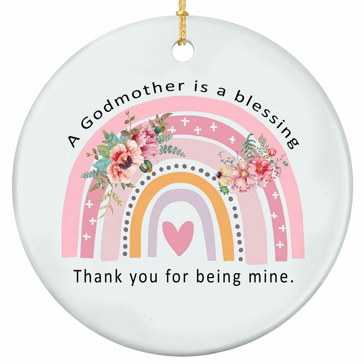 Pastel Boho Rainbow With a Nested Heart, Blush Peonies and Eucalyptus. Ceramic Keepsake for a Godmother.