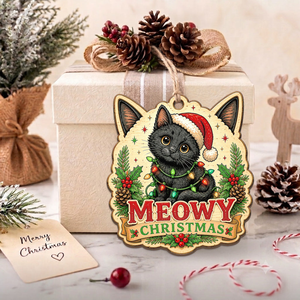 Black Cat Christmas Ornament, Stocking Stuffer For Cat Mom, Wood Hanging Tree Decoration