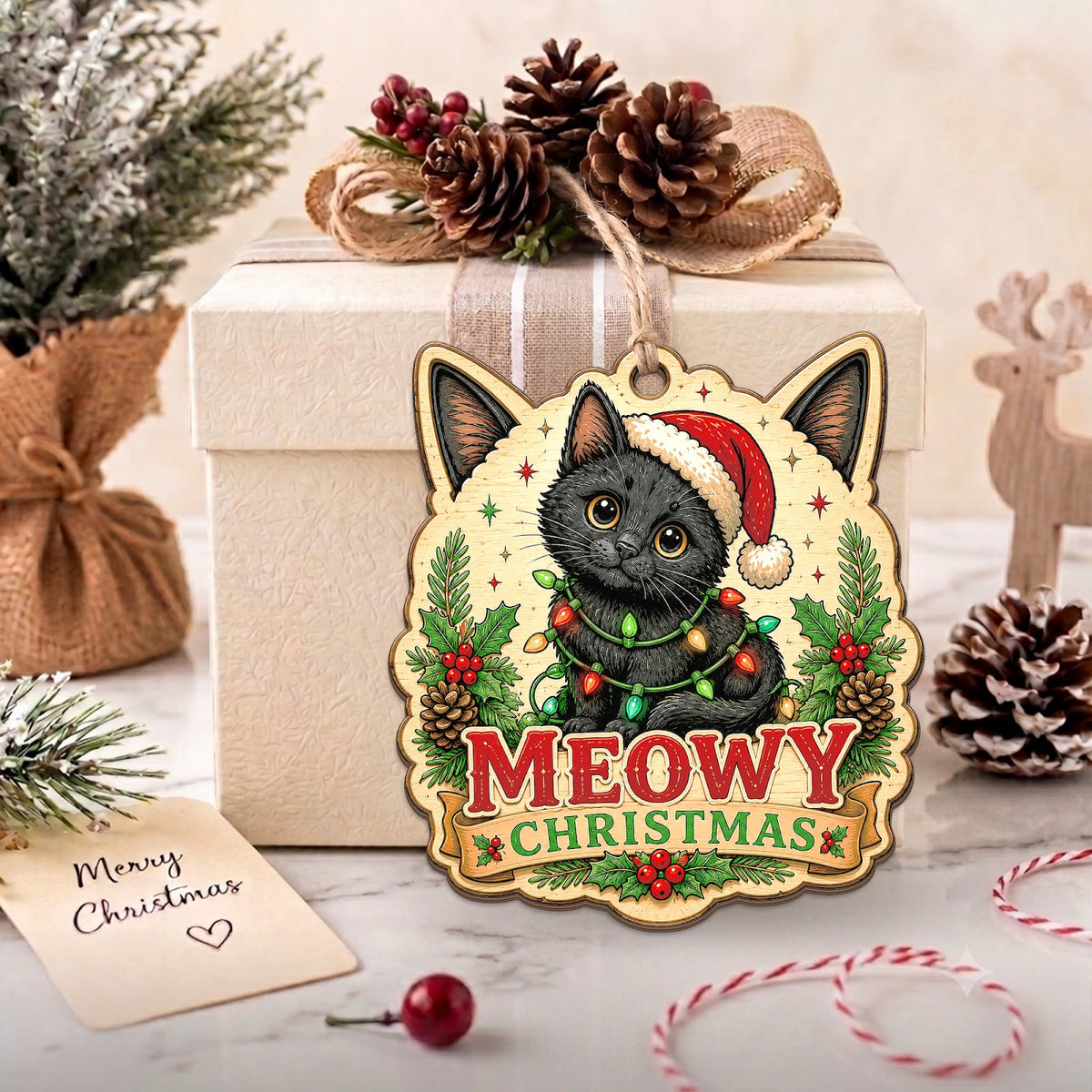 Black Cat Christmas Ornament, Stocking Stuffer For Cat Mom, Wood Hanging Tree Decoration
