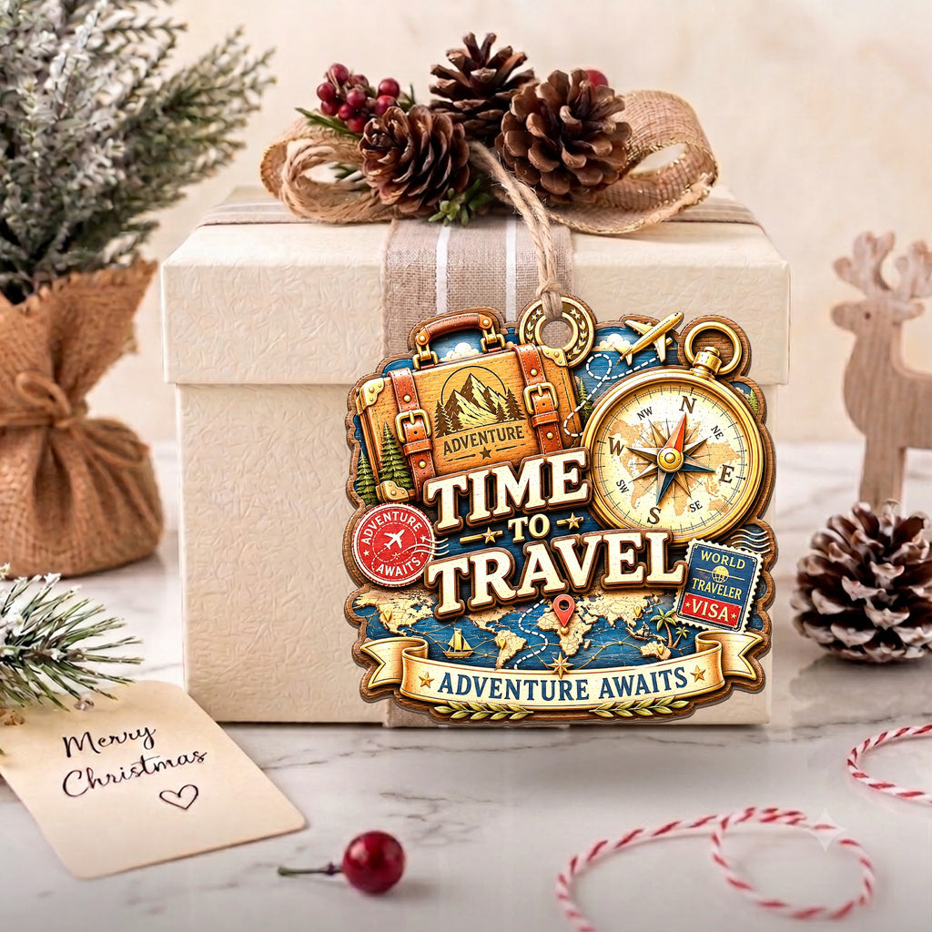 Time To Travel Explore World Christmas Ornament, Stocking Stuffer For Explorer, Wood Ornament