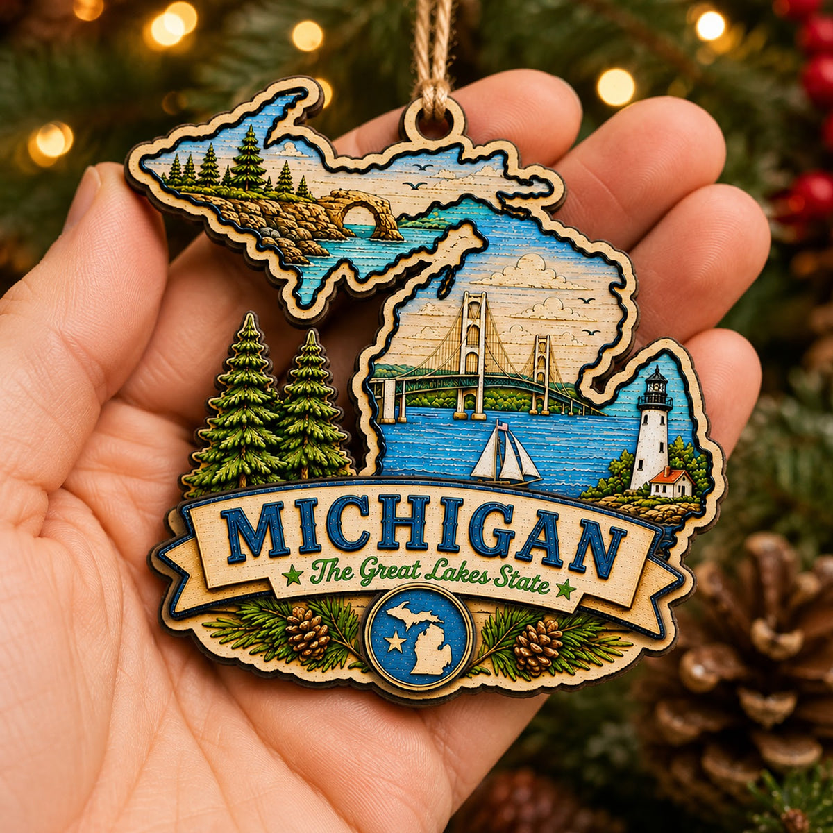 Michigan Christmas Ornament, Great Lakes Mackinac Bridge Souvenir Gift, Wood Tree Decoration