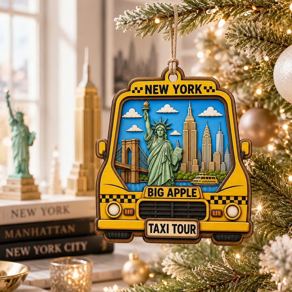 New York Taxi Christmas Ornament, NYC Yellow Cab Souvenir Gift, Wood Hanging Tree Decoration