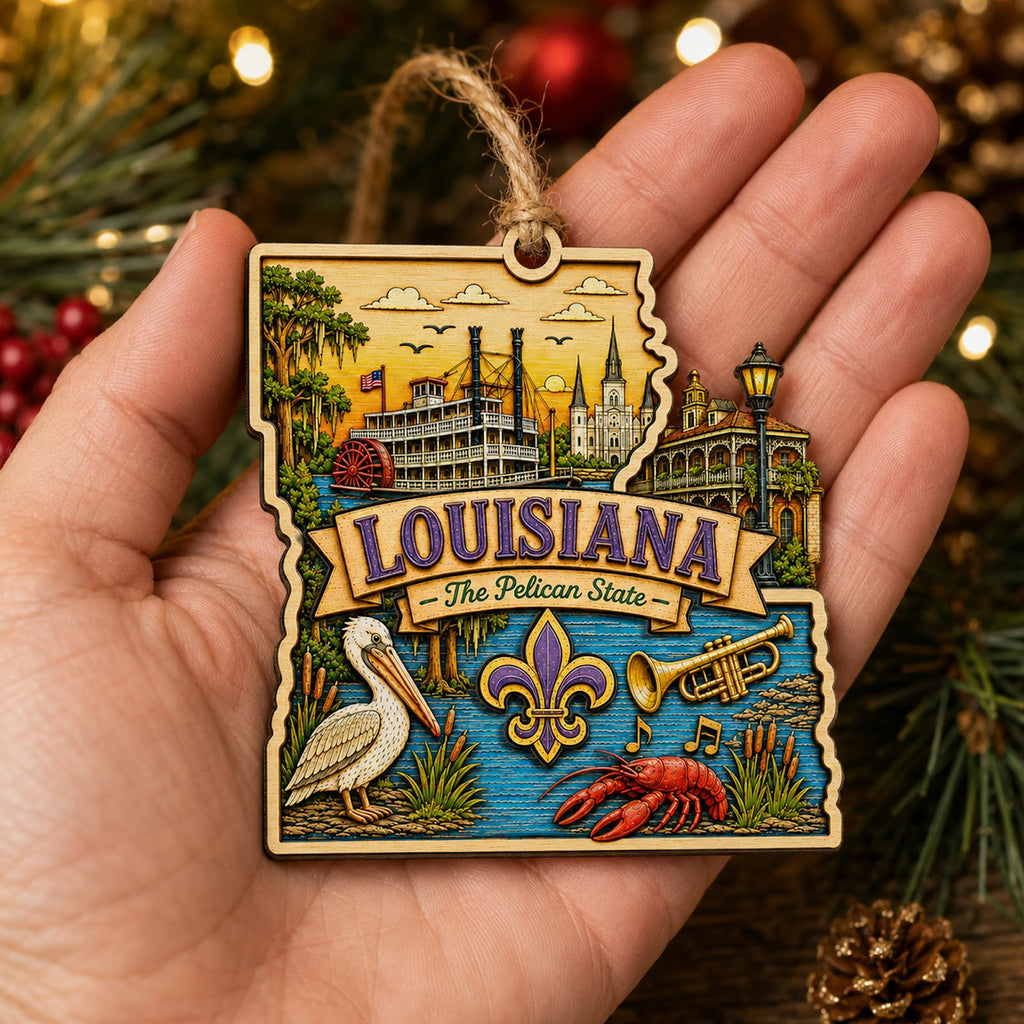 Louisiana Christmas Ornament, Jazz Bayou and Cajun Souvenir Gift, Wood Hanging Tree Decoration