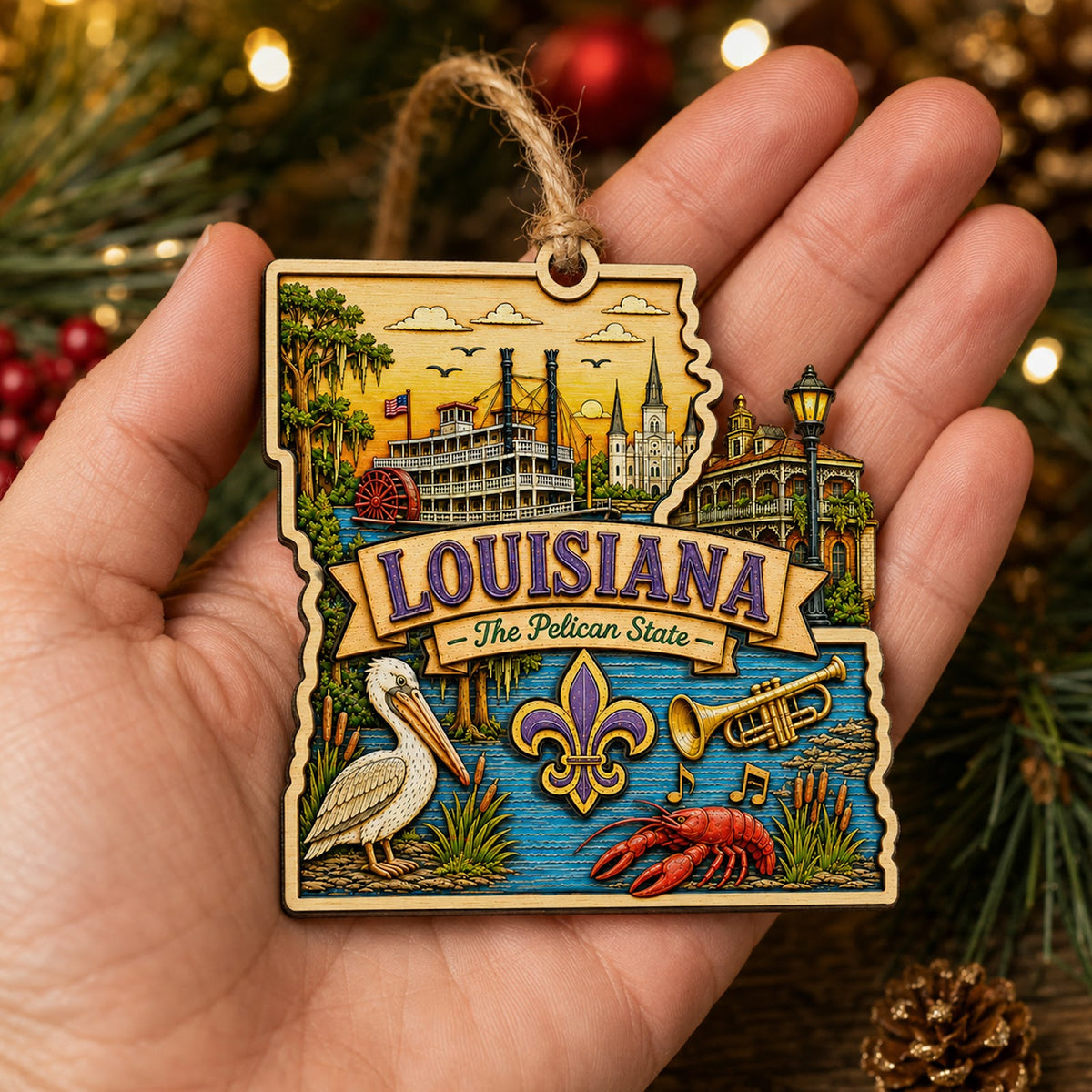 Louisiana Christmas Ornament, Jazz Bayou and Cajun Souvenir Gift, Wood Hanging Tree Decoration