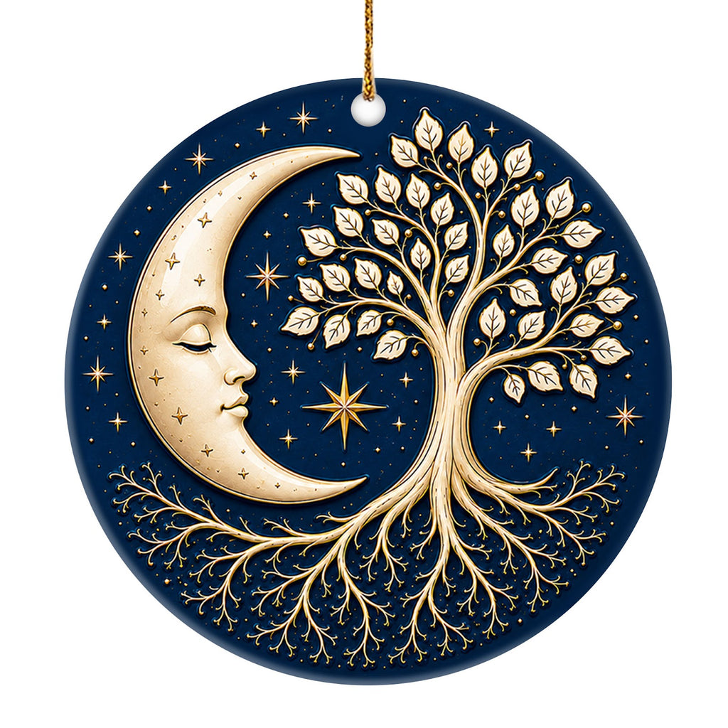 Tree of Life Moon design on a glazed ceramic disc. Keepsake for people drawn to moon phases, Tree of Life symbols and qu